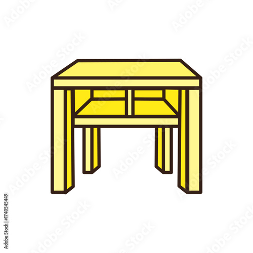 doodle of square table, colored yellow with a dark brown outline, featuring four legs and cross-bracing visible beneath the tabletop