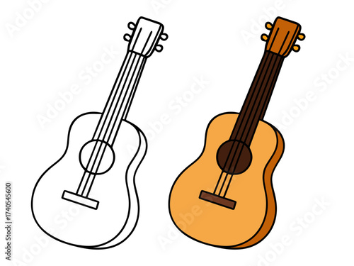 Simple vector illustration of a small acoustic guitar or ukulele with strings and tuning pegs, shown in both a full outline drawing and a colored version, ideal for music themes and coloring pages.