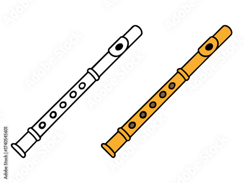 Simple vector illustration of a recorder flute or wind instrument, shown with a full outline drawing and a colored version, ideal for music education, children's coloring pages.