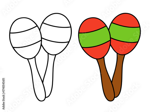 Simple vector illustration of a pair of maracas percussion instruments, shown in both a full outline drawing and a colorful version, perfect for music themes, Latin culture graphics, and coloring page