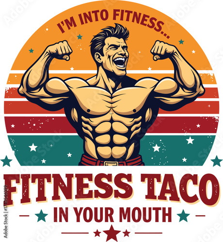 Dynamic illustration of a fit man flexing with a comical twist on strength and healthy eating
