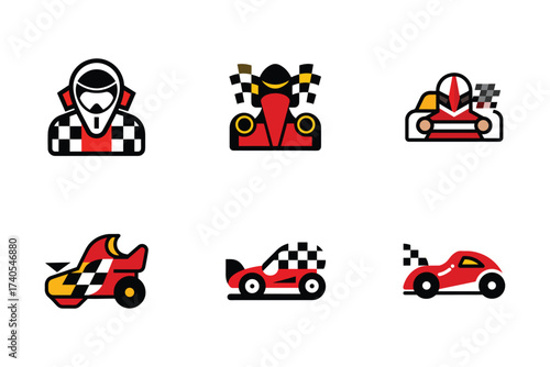 Go Kart Racing Icons Set Featuring Racers and Vehicles for Motorsport Enthusiasts and Graphic Design Projects