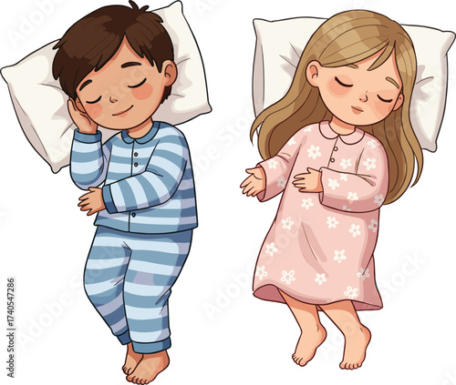 Adorable children sleeping peacefully, boy and girl in pajamas, cute bedtime illustration, cozy night rest, sweet childhood dreams, vector cartoon artwork