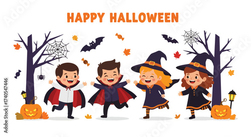 Adobe illustrator artwork vector illustration. Four happy kids in vampire and witch costumes celebrating Halloween with pumpkins, bats, and spooky trees. Great for cards, banners, and promotions.