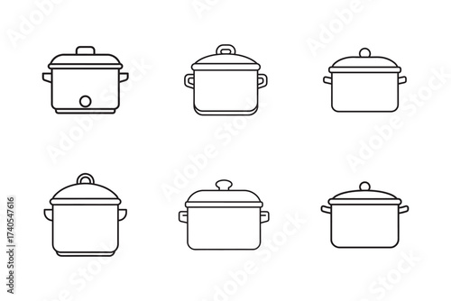Minimalist Line Art Kitchenware Illustration Featuring Cooking Pots and Slow Cooker on a White Background for Culinary Design Projects
