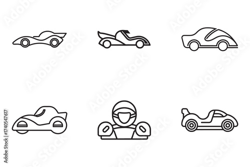 Minimalist Line Art Set of Racing Cars and Driver for Sport Design and Automotive Industry Projects with Retro and Modern Concepts