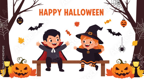 Adobe illustrator artwork vector illustration. Cheerful kids in Halloween costumes running amidst spooky trees and pumpkins. Ideal for festive greeting cards, party invitations, and holiday promotions