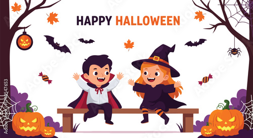 Adobe illustrator artwork vector illustration. Cheerful kids in Halloween costumes running amidst spooky trees and pumpkins. Ideal for festive greeting cards, party invitations, and holiday promotions