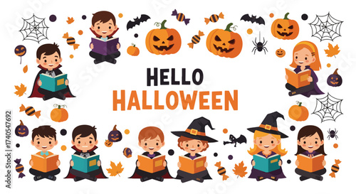 Adobe illustrator artwork vector illustration. Cute kids in various Halloween costumes reading books surrounded by festive decor. Ideal for educational materials, holiday promotions