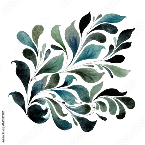 Elegant floral watercolor design featuring flowing teal and green leaves in organic composition.