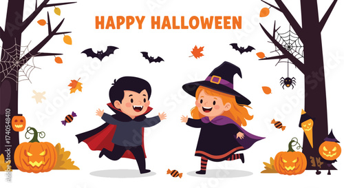 Adobe illustrator artwork vector illustration. Cheerful kids in Halloween costumes running amidst spooky trees and pumpkins. Ideal for festive greeting cards, party invitations, and holiday promotions