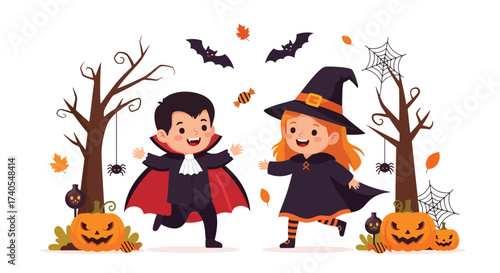 Adobe illustrator artwork vector illustration. Cheerful kids in Halloween costumes running amidst spooky trees and pumpkins. Ideal for festive greeting cards, party invitations, and holiday promotions