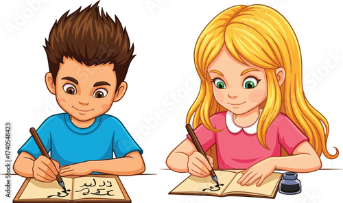 Cartoon children writing with quill pens, vintage classroom scene, ink bottle, notebooks, focused students, educational illustration, learning, school, study, drawing