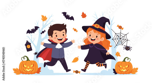 Adobe illustrator artwork vector illustration. Cheerful kids in Halloween costumes running amidst spooky trees and pumpkins. Ideal for festive greeting cards, party invitations, and holiday promotions