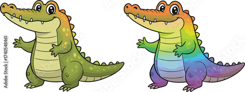 Cartoon crocodile, rainbow reptile, smiling animal, upright pose, colorful scales, friendly expression, children illustration, vibrant design, playful character, digital artwork