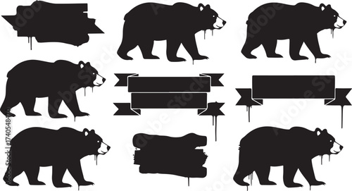 Bear silhouettes and grunge banners collection