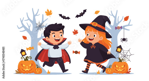 Adobe illustrator artwork vector illustration. Cheerful kids in Halloween costumes running amidst spooky trees and pumpkins. Ideal for festive greeting cards, party invitations, and holiday promotions