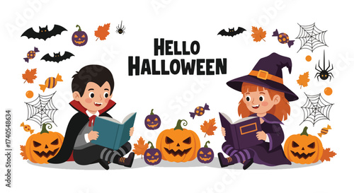 Adobe illustrator artwork vector illustration. Adorable kids in Halloween costumes reading spooky stories. Perfect for children's books, holiday promotions, and educational materials