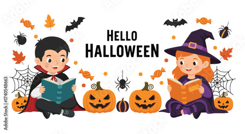 Adobe illustrator artwork vector illustration. Adorable kids in Halloween costumes reading spooky stories. Perfect for children's books, holiday promotions, and educational materials
