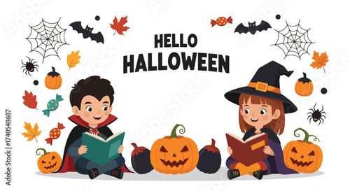 Adobe illustrator artwork vector illustration. Adorable kids in Halloween costumes reading spooky stories. Perfect for children's books, holiday promotions, and educational materials