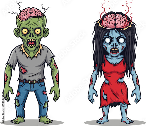 Cartoon zombies, green and blue skin, exposed brains, glowing eyes, horror characters, Halloween theme, undead creatures, scary illustration, torn clothes