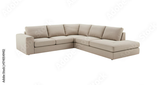 Modern beige sectional sofa with corner design and fabric upholstery, spacious and elegant living room furniture piece for family homes, apartments, and contemporary interiors