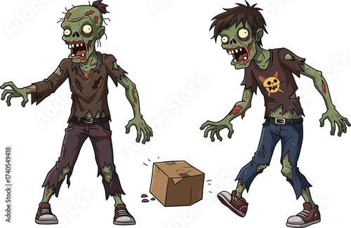 Cartoon zombies, mysterious box, green undead characters, horror humor, Halloween illustration, creepy duo, funny monster art, stock design, fantasy, spooky scene