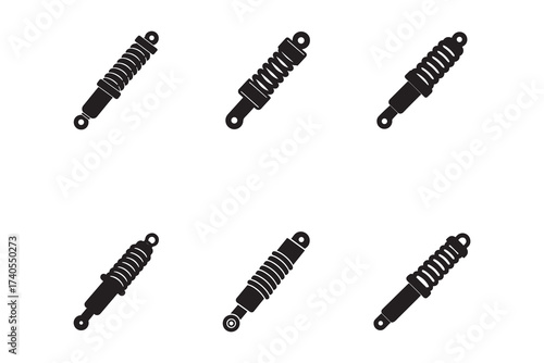 Shock Absorber Assortment for Automotive and Mechanical Applications in Black Silhouette Style on White Background for Engineering Designs