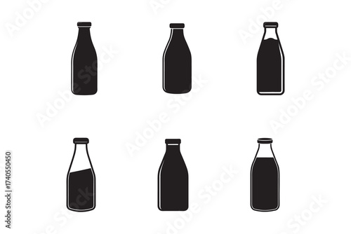 Simple Black Milk Bottles Vector Illustration Isolated on White Background for Farm Fresh Dairy Products and Beverages