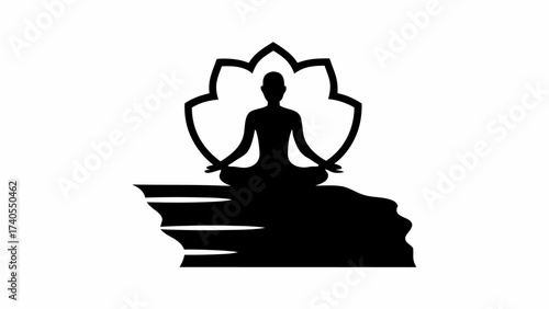 Meditative yoga pose silhouette on cliffside with lotus, serene mindfulness and wellness practice