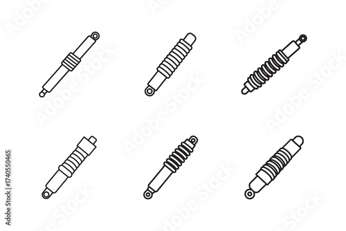 Shock absorber vector icons set various designs vehicle suspension system components isolated car part outline symbols maintenance or repair service automotive industry transportation equipment