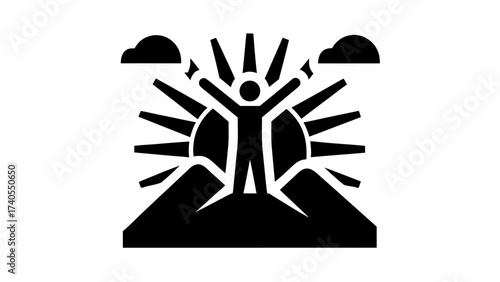 Triumph over adversity concept, human silhouette celebrates success on mountain peak with sun rays