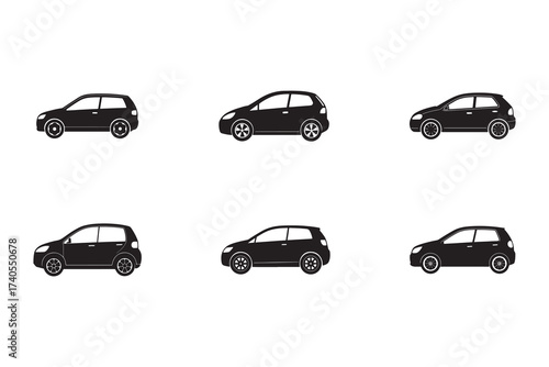 Variety of Black Car Icons on White Background Depicting Automotive Industry and Transportation Concepts for Creative Projects and Design