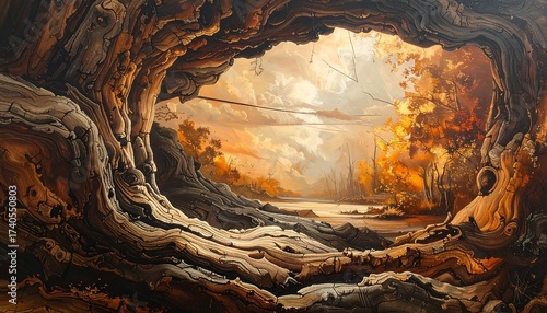 A landscape painting of a hollow log framing a sunrise view