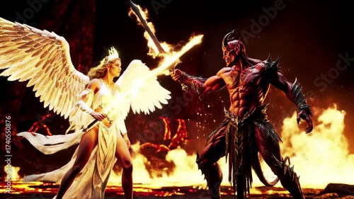 Angel vs. Demon Epic Battle in Fiery Realm