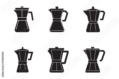 Variety of Espresso Coffee Maker Moka Pot Silhouettes Isolated on White Background for Coffee Shop Promotion and Culinary Blog Content