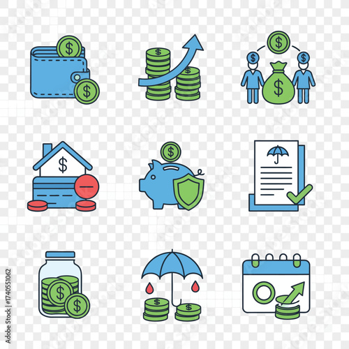 Comprehensive financial icons set representing various aspects of money management, savings, investment, insurance, banking, and wealth growth for personal and business planning
