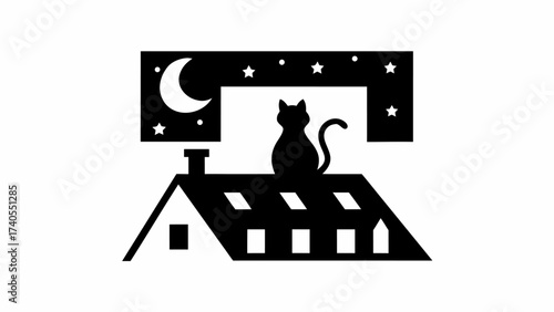 Whimsical cat silhouette perched on a rooftop under the moon and stars at night