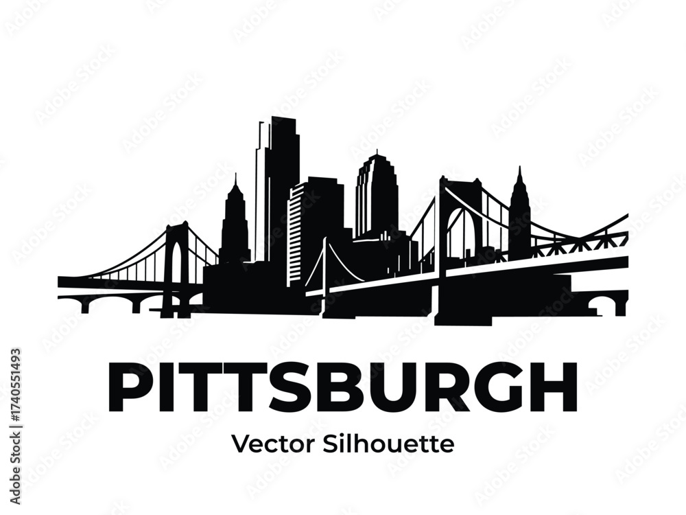 Naklejka premium detailed Pittsburgh skyline vector silhouette with bridges and landmark buildings