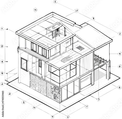 Modern Two-Story Building Architectural Sketch Vector Illustration