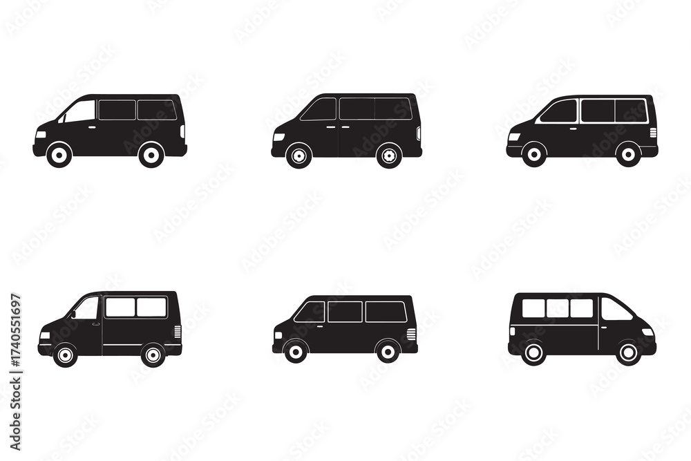 Fototapeta premium Variety of Van Silhouette Illustrations for Transportation and Design Projects Flat Vector Graphics Clean Design Minimalist Style Multiple Options