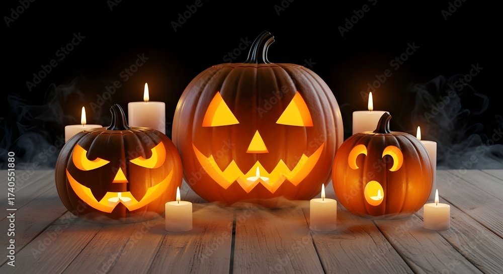 Fototapeta premium Minimal Halloween flat lay border on dark purple background, with pumpkins, spider web, and a three witch hat, clean central copy space