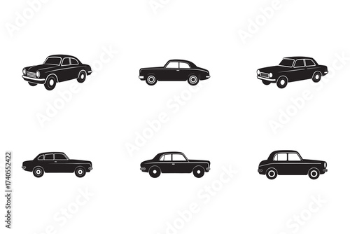 Vintage Car Silhouettes Collection Classic Automobile Designs Transport Icons Retro Vehicles Automotive Industry Black and White Graphics Transportation Concept