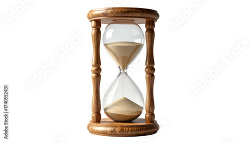 Wooden hourglass with sand flowing, measuring time against black background