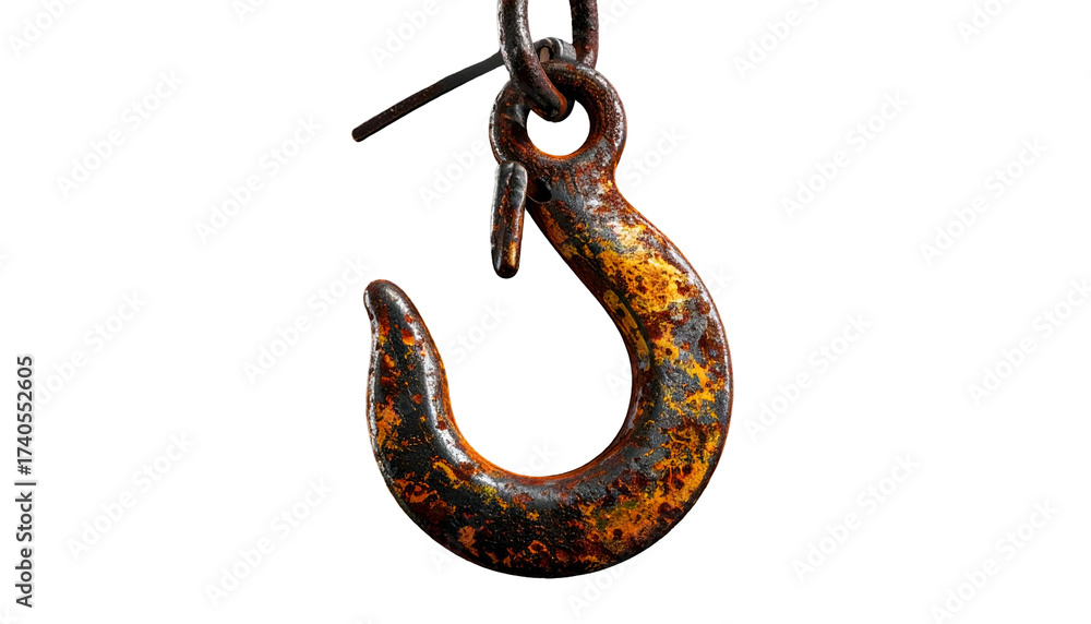 Obraz premium Close-up view of a rusted industrial hook with chain link, on black