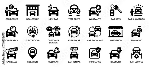 Modern vector icon set about car dealership, including auto sales, new and used cars, car rental, financing and more.