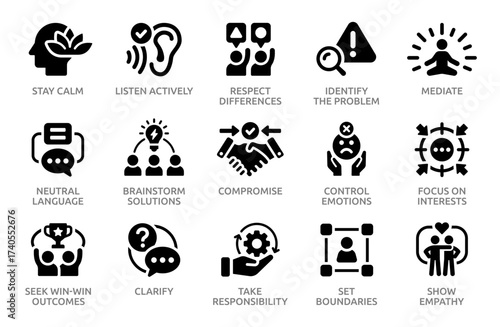 Vector icon set about conflict resolution and communication skills, including active listening, empathy, compromise, mediation and more.