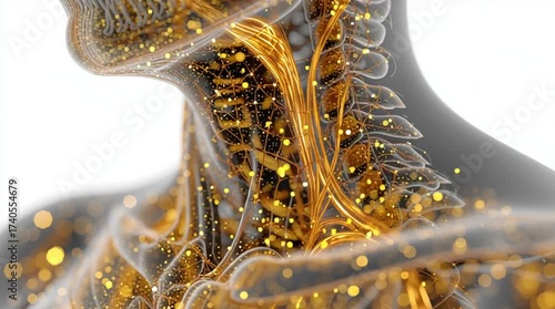 Highly detailed 3D medical illustration of a semi-transparent human upper body on white background, showing glowing throat and larynx with golden streams representing healing garlic and honey enzymes