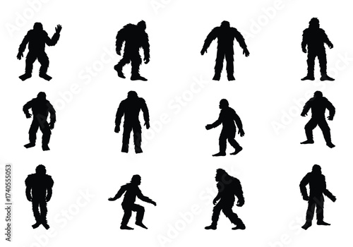 giant bigfoot yeti set collection pack bundle black shape icon silhouette vector flat illustration design on white background