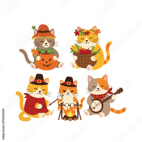 Illustration of five cartoon cats celebrating Thanksgiving with a pumpkin, cornucopia, campfire, and banjo.